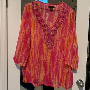 Chico’s Black Label sheer pink & orange tunic with sequins.